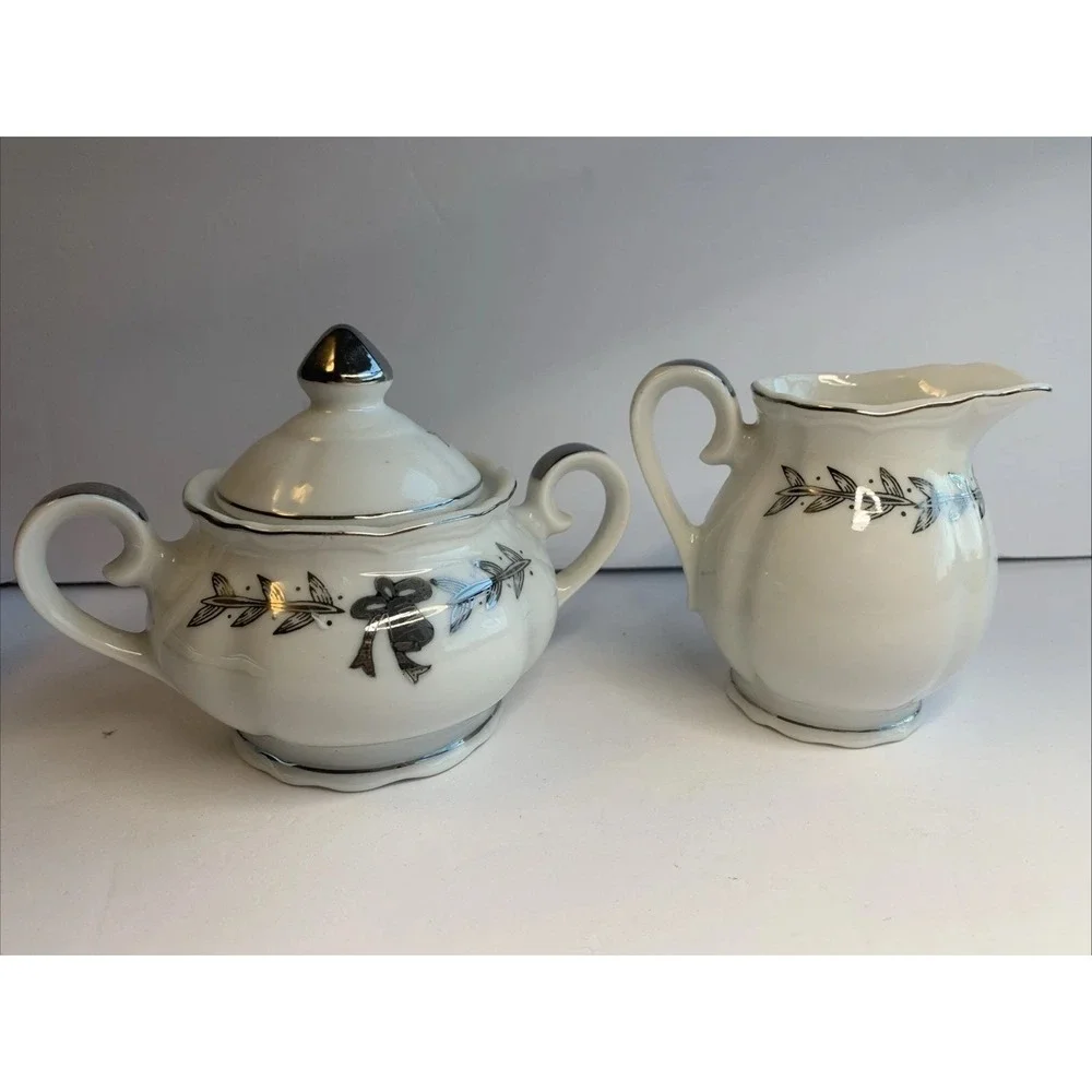 Vintage Lefton China 25th Silver Anniversary‎ Sugar Bowl and Creamer Set 4929